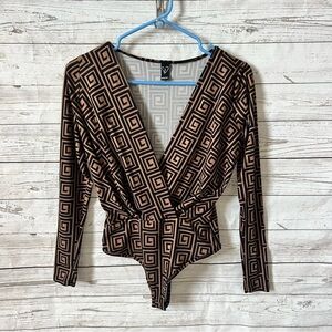 Geometric Patterned Bodysuit - Black and Tan